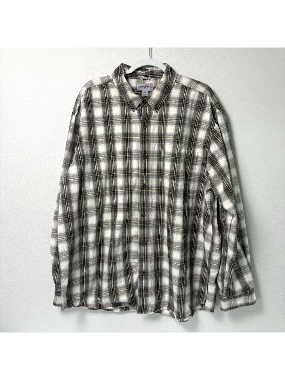 Carhartt Relaxed Fit Button Down Shirt Mens 2XL Yellow Black Plaid Long Sleeve